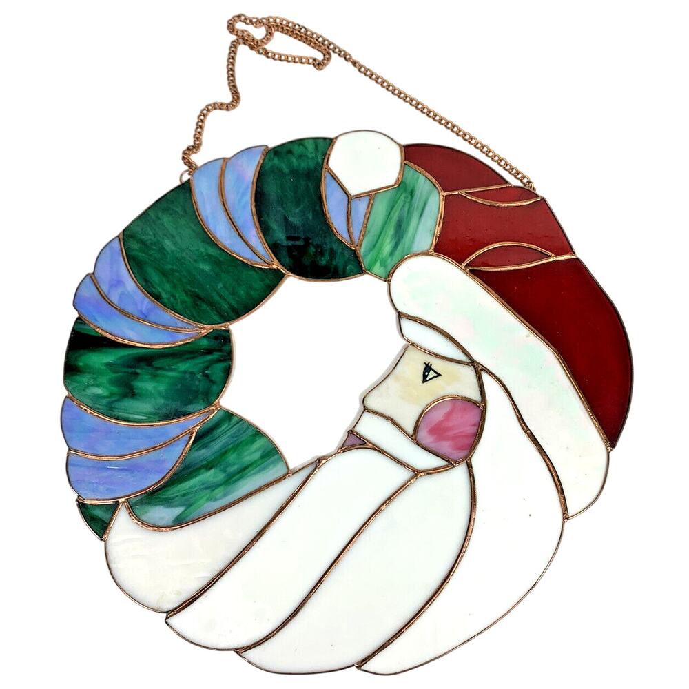 VTG stained glass Santa wreath style handmade Suncatcher Door Window Christmas